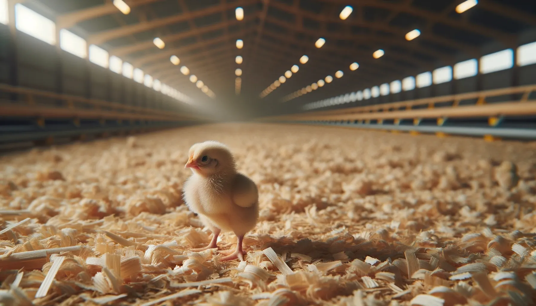 A newly hatched chick standing on bedding