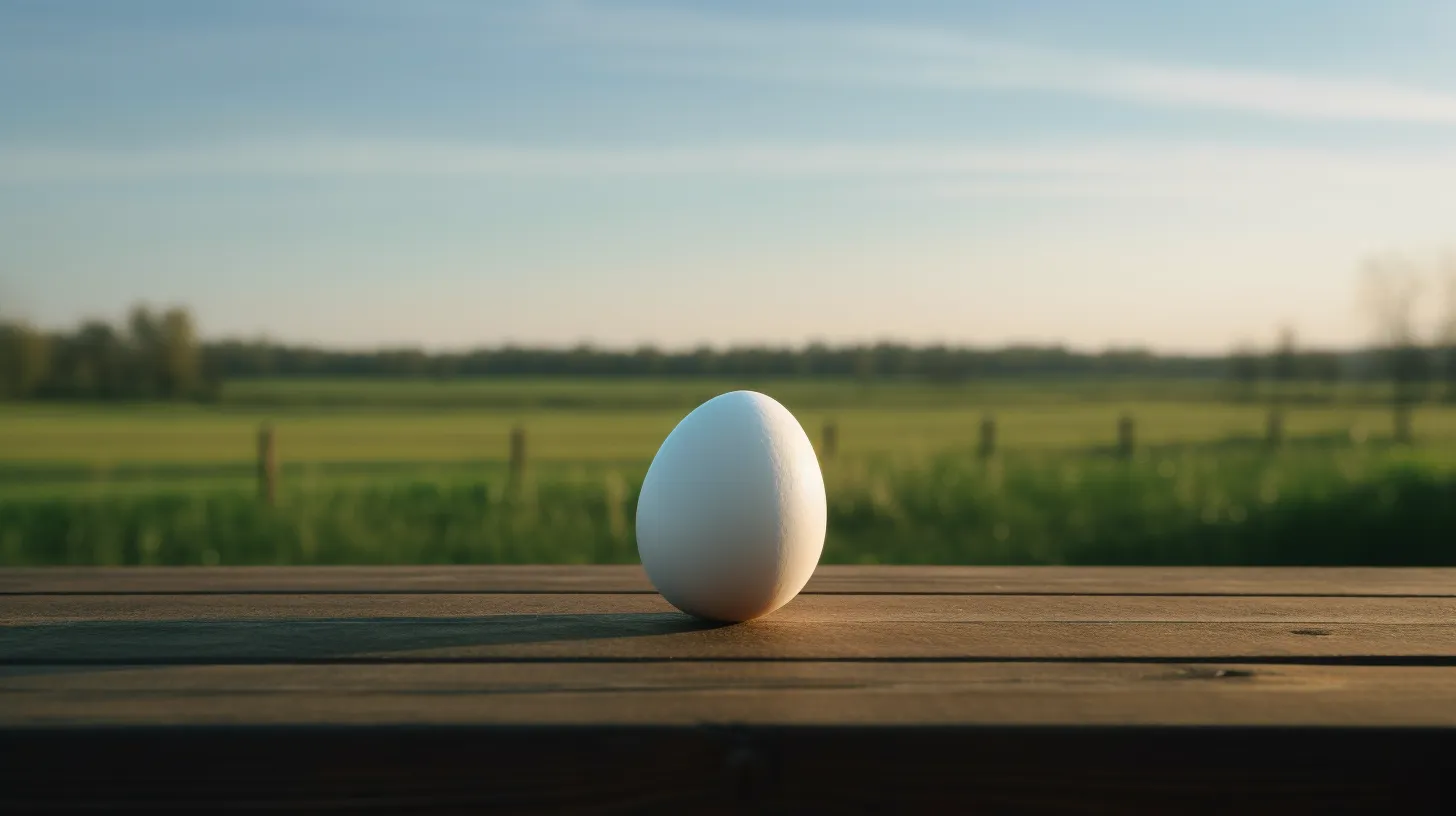 A white egg standing upright against a softly focused agricultural landscape
